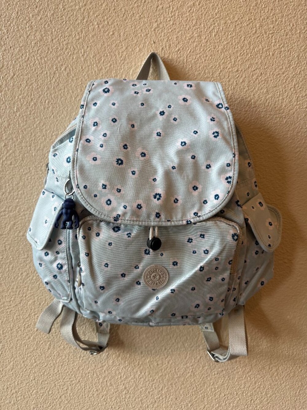 Kipling Light Blue Floral Mini Backpack Flap Closure Monkey Keychain